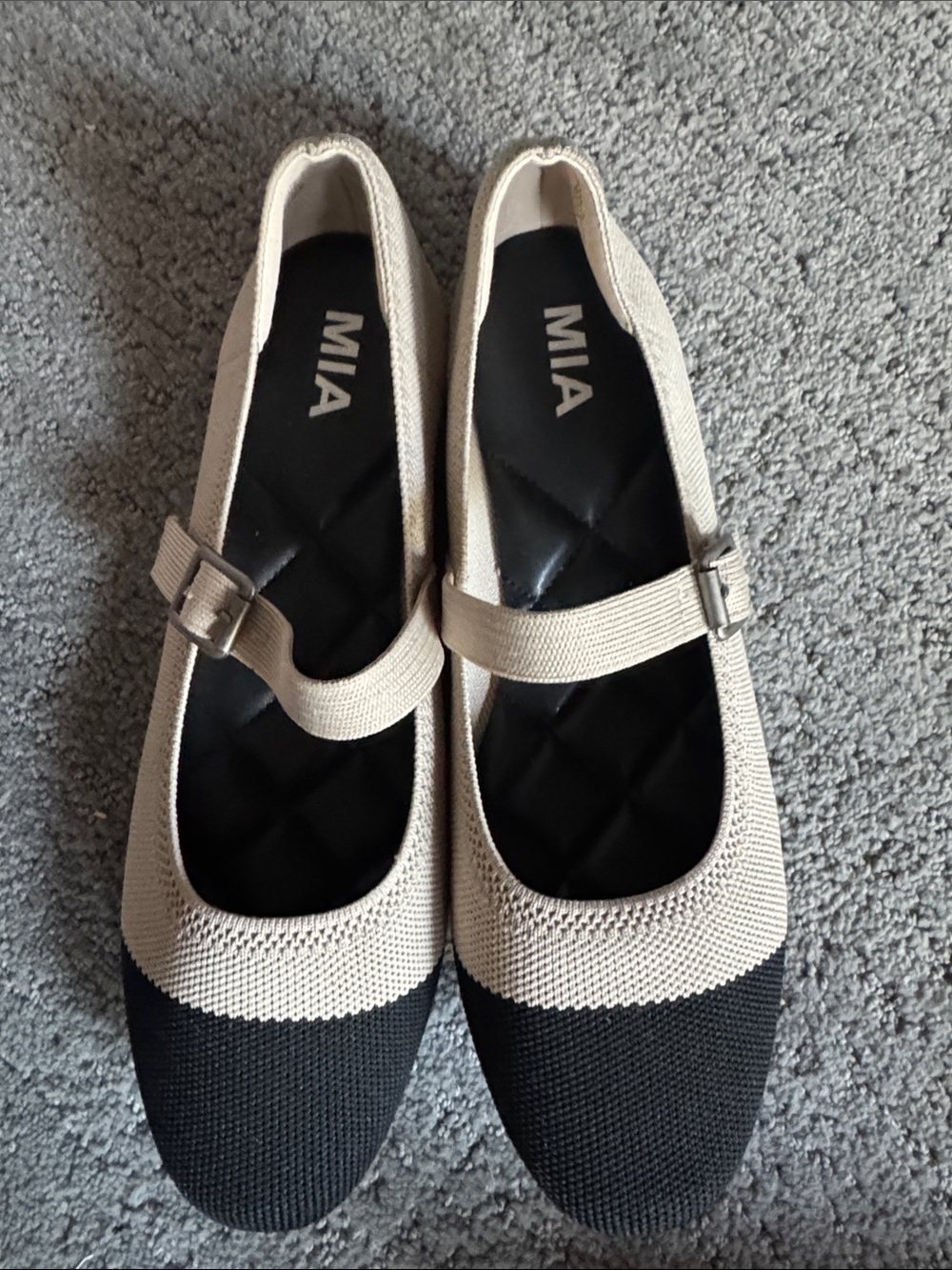 MIA Beige and Black Knit Mary Jane Flats